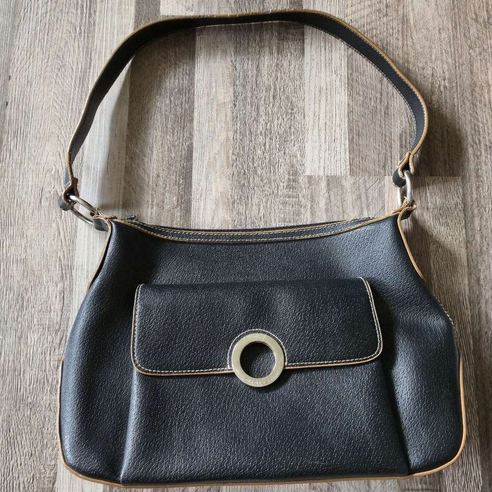 Minicci Black Faux Leather‎ Shoulder Bag Tan Piping Silver Ring Accent Y2K Retro
